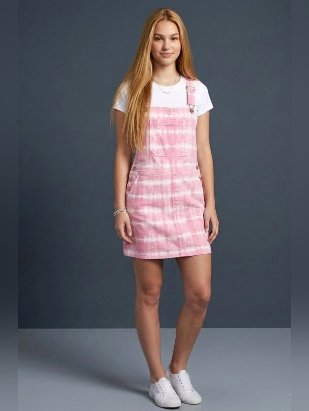 No Boundaries NOBO Mini Pink Tie-Dye Overall Dress Bib Pockets Large
